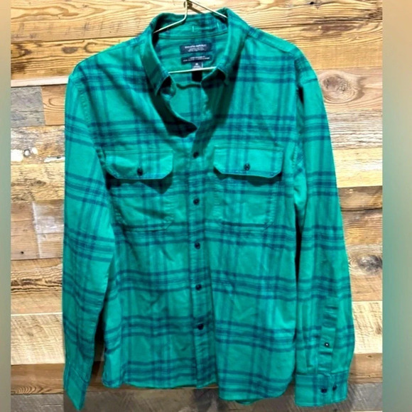 Banana Republic organic cotton flannel warm green black plaid unisex 90s US M - Picture 1 of 4